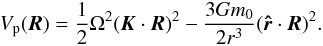 Mathematical equation: \begin{eqnarray} V_{\rm p} (\vR) = \frac{1}{2} \om^2 (\vk \cdot \vR)^2 - \frac{3 G \M}{2 r^3} (\ur \cdot \vR)^2 . \label{130529a} \end{eqnarray}