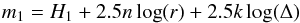Mathematical equation: \begin{equation} m_1=H_1+2.5n\log(r)+2.5k\log(\Delta) \label{eq:marsden} \end{equation}