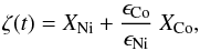 Mathematical equation: \begin{eqnarray} \zeta(t)= X_{\rm Ni}+\frac{\epsilon_{\rm Co}}{\epsilon_{\rm Ni}} \ X_{\rm Co} , \end{eqnarray}