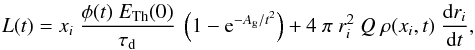 Mathematical equation: \begin{eqnarray} L(t)= x_i\ \frac{\phi(t)\ E_{\rm Th}(0)}{\tau_{\rm d}}\ \left(1 - {\rm e}^{-A_{\rm g}/t^2} \right) + 4\ \pi\ r_i^2\ Q\ \rho(x_i,t)\ \frac{{\rm d}r_i}{{\rm d}t}, \end{eqnarray}