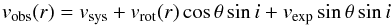 Mathematical equation: \begin{equation} \label{eq:vrot} v_{\rm{obs}}(r)=v_{\rm{sys}}+v_{\rm{rot}}(r)\cos\theta\sin i+v_{\rm{exp}}\sin\theta\sin i \end{equation}