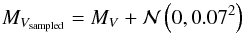 Mathematical equation: \begin{equation} M_{V_{\rm sampled}}=M_{V}+\mathcal{N}\left(0,0.07^2\right) \end{equation}