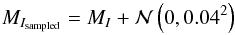 Mathematical equation: \begin{equation} M_{I_{\rm sampled}}=M_{I}+\mathcal{N}\left(0,0.04^2\right) \end{equation}