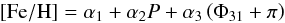 Mathematical equation: \begin{equation} [{\rm Fe/H}]=\alpha_{1}+\alpha_{2}P+\alpha_{3}\left(\Phi_{31}+\pi\right) \label{eq:Metallicity_Refit} \end{equation}