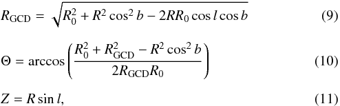 Mathematical equation: \begin{eqnarray} &&R_{\rm GCD}=\sqrt{R_{0}^{2}+ R^2 \cos^2b-2RR_{0}\cos l \cos b} \\[2mm] \label{eq:theta} &&\Theta=\arccos\left(\frac{R_{0}^{2}+R_{\rm GCD}^{2}-R^2\cos^2b} { 2R_{ \rm GCD }R_{0} }\right) \\[2mm] && Z=R \sin l , \end{eqnarray}