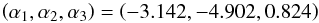 Mathematical equation: \begin{equation} \left( \alpha_{1},\alpha_{2},\alpha_{3}\right)=\left(-3.142,-4.902,0.824\right) \label{eq:FeHCoeffs} \end{equation}