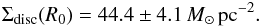Mathematical equation: \begin{eqnarray*} \Sigma_{\rm disc}(R_0)=44.4\pm4.1\, M_{\sun}\,{\rm pc}^{-2}. \end{eqnarray*}