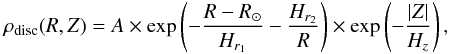 Mathematical equation: \begin{eqnarray*} \rho_{\rm disc}(R,Z)= A\times\exp\left(-\frac{R-R_\odot}{H_{r_1}}-\frac{H_{r_2}}{R}\right)\times \exp\left(-\frac{|Z|}{H_{z}}\right), \end{eqnarray*}
