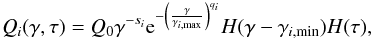 Mathematical equation: \begin{eqnarray} Q_{i}(\gamma, \tau) = Q_0\gamma^{-s_i} {\rm e}^{-\left(\frac{\gamma}{\gamma_{i,\max}}\right)^{q_i}} H(\gamma-\gamma_{i, \min})H(\tau), \label{qinj} \end{eqnarray}
