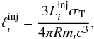 Mathematical equation: \begin{eqnarray} \ell_{i}^{\rm inj}=\frac{3 L_{i}^{\rm inj} \sth} {4\pi R m_i c^3}, \label{linj} \end{eqnarray}