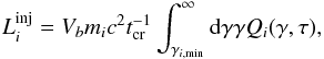 Mathematical equation: \begin{eqnarray} L_{i}^{\rm inj}=V_b m_i c^2 \tcr^{-1} \int_{\gamma_{i,\min}}^{\infty} {\rm d}\gamma \gamma Q_i(\gamma,\tau), \label{Luminj} \end{eqnarray}