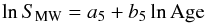 Mathematical equation: \begin{equation} \ln S_\mathrm{MW} = a_5 + b_5 \ln \mbox{Age} \label{eq:S_Age} \end{equation}