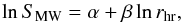 Mathematical equation: \begin{equation} \ln S_\mathrm{MW} = \alpha + \beta \ln \rhr , \label{eq:S_r} \end{equation}