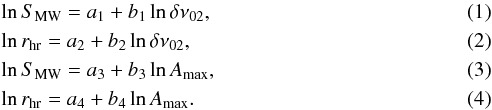 Mathematical equation: \begin{eqnarray} \label{eq:S_d02} &&\ln S_{\mathrm{MW}} = a_1 + b_1 \ln \delta\nu_{02} , \\ \label{eq:r_d02} &&\ln \rhr = a_2 + b_2 \ln \delta\nu_{02} , \\ \label{eq:S_A} &&\ln S_{\mathrm{MW}} = a_3 + b_3 \ln A_\mathrm{max} , \\ \label{eq:r_A} &&\ln \rhr = a_4 + b_4 \ln A_\mathrm{max} . \end{eqnarray}
