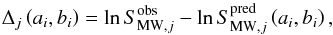 Mathematical equation: \begin{equation} \Delta_j \left( a_i, b_i \right) = \ln S_{\mathrm{MW},j}^\mathrm{obs} - \ln S_{\mathrm{MW},j}^\mathrm{pred} \left( a_i, b_i \right) , \end{equation}