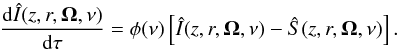 Mathematical equation: \begin{equation} \frac{{\rm d} \hat{I}(z,r, \vec{\Omega}, \nu)}{{\rm d} \tau} = \phi(\nu) \left [\hat{I} (z,r,\vec{\Omega}, \nu) - \hat{S}(z,r,\vec{\Omega}, \nu)\right] .\label{RTE} \end{equation}