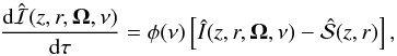 Mathematical equation: \begin{equation} \frac{{\rm d}\hat{\cal I}(z,r, \vec{\Omega}, \nu)}{{\rm d} \tau} = \phi(\nu) \left [\hat{I} (z,r,\vec{\Omega}, \nu) - \hat{\cal S}(z,r)\right], \label{rrRTE} \end{equation}