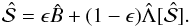 Mathematical equation: \begin{equation} \hat{\cal S} = \epsilon \hat{B} + (1-\epsilon) \hat{\Lambda} [\hat{\cal S}]. \end{equation}