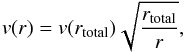Mathematical equation: \begin{equation} v(r) = v(r_{\rm{total}}) \sqrt{\frac{r_{\rm{total}}}{r}}, \end{equation}