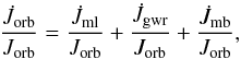 Mathematical equation: \begin{equation} \frac{\dot{J}_{\rm orb}}{J_{\rm orb}} = \frac{\dot{J}_{\rm ml}}{J_{\rm orb}} +\frac{\dot{J}_{\rm gwr}}{J_{\rm orb}} +\frac{\dot{J}_{\rm mb}}{J_{\rm orb}} , \label{Jdot} \end{equation}