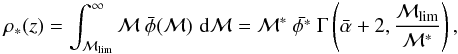 \begin{eqnarray} \rho_{*}(z) = \int_{\mathcal{M}_{\rm lim}}^{\infty} \mathcal{M} \ \bar{\phi}(\mathcal{M}) \, \, \drm \mathcal{M} = \mathcal{M}^{*} \ \bar{\phi^{*}} \ \Gamma\left(\bar{\alpha} + 2, \frac{\mathcal{M}_{\rm lim}}{\mathcal{M}^{*}}\right), \label{eq.rho-star} \end{eqnarray}