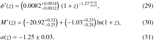 \begin{eqnarray} &&\phi^{\ast}(z) = \left(0.0082^{+0.0014}_{-0.0012}\right) \, (1+z)^{-1.27^{+0.16}_{-0.19}}, \\[2.5mm] &&M^{\ast}(z) = \left(-20.92^{+0.32}_{-0.25}\right) + \left(-1.03^{+0.23}_{-0.28}\right) \ln (1+z), \\[2.5mm] &&\alpha(z) = -1.25\pm0.03. \end{eqnarray}