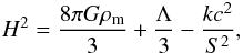 \begin{eqnarray} H^{2} = \frac{8\pi G \rho_{\rm m}}{3} + \frac{\Lambda}{3} - \frac{kc^{2}}{S^{2}}, \label{eq.friedmann} \end{eqnarray}
