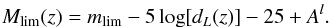 \begin{eqnarray} M_{\rm lim}(z) = m_{\rm lim} - 5\log[d_{L}(z)] - 25 + A^{l}. \end{eqnarray}