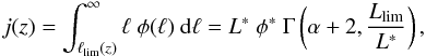 \begin{eqnarray} j(z) = \int_{\ell_{\rm lim}(z)}^{\infty} \ell \ \phi(\ell) \ \drm \ell = L^{*} \ \phi^{*} \ \Gamma\left(\alpha + 2, \frac{L_{\rm lim}}{L^{*}}\right), \label{eq.j} \end{eqnarray}
