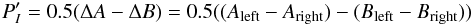 \begin{equation} P'_I=0.5(\Delta A-\Delta B)=0.5((A_\mathrm{left}-A_\mathrm{right})-(B_\mathrm{left}-B_\mathrm{right})) \end{equation}
