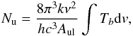 \begin{eqnarray} N_{\rm u} = \frac{8\pi^{3}k\nu^2}{hc^3A_{\rm ul}}\int{T_{b}{\rm d}v}, \label{EQNNu} \end{eqnarray}
