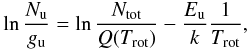 \begin{eqnarray} \ln \frac{N_{\rm u}}{g_{\rm u}} = \ln \frac{N_{\rm tot}}{Q(T_{\rm rot})} - \frac{E_{\rm u}}{k}\frac{1}{T_{\rm rot}}, \label{EQNRTD} \end{eqnarray}