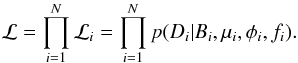 \begin{equation} \mathcal{L} = \prod_{i=1}^N \mathcal{L}_i = \prod_{i=1}^N p(D_i|B_i,\mu_i,\phi_i,f_i). \end{equation}