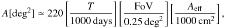 \begin{equation} \label{neweq02} A[{\rm deg}^2]\simeq 220 \left[\frac{T}{1000\,{\rm days}}\right]\left[\frac{{\rm FoV}}{0.25\,{\rm deg}^2}\right]\left[\frac{A_{\rm eff}}{1000\,{\rm cm}^2}\right], \end{equation}