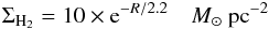 \begin{eqnarray} \Sigma_{\rm H_2}=10 \times {\rm e}^{-R/2.2} \quad M_\odot~{\rm pc}^{-2} \end{eqnarray}