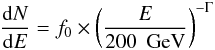 \begin{eqnarray} \frac{\mathrm{d}N}{\mathrm{d}E} = f_{0} \times \left(\frac{E}{200\: {\rm~GeV}}\right)^{- \Gamma} \end{eqnarray}