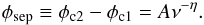 \begin{equation} \phi_{\mathrm{sep}} \equiv \phi_{\rm c2}-\phi_{\rm c1} = A \nu^{-\eta}. \label{eq:xsepfit} \end{equation}
