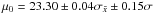 \hbox{$\mu_0=23.30\pm0.04 \sigma_{\bar x} \pm0.15 \sigma$}