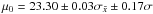 \hbox{$\mu_0=23.30\pm0.03 \sigma_{\bar x} \pm0.17 \sigma$}