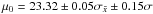 \hbox{$\mu_0=23.32\pm0.05 \sigma_{\bar x} \pm0.15 \sigma$}