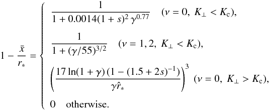 \appendix \setcounter{section}{1} \begin{eqnarray} 1- \frac{\bar{x}}{r_*} = \left\{ \begin{array}{l}\displaystyle \frac{1}{1+0.0014(1+s)^2 \,\gamma^{0.77}} \quad(\nu=0, ~ \Kp<\Kc), \nonumber\\[3ex]\displaystyle \frac{1}{1+(\gamma/55)^{3/2}} \quad (\nu=1,2, ~ \Kp<\Kc), \nonumber\\[3ex]\displaystyle \left(\frac{17\ln(1+\gamma)\,(1-(1.5+2s)^{-1})}{ \gamma \hat{r}_*} \right)^3 ~ (\nu=0, ~\Kp>\Kc),\nonumber \\[3ex] 0 \quad \mbox{otherwise.} \end{array} \right.\hspace*{-3em} \end{eqnarray}