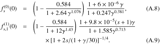 \appendix \setcounter{section}{1} \begin{eqnarray} f^{(0)}_s(0) &=& \left(1- \frac{0.584}{1+2.64\,\gamma^{1.076}}\right) \,\frac{1+6\times10^{-6}\,\gamma}{ 1+0.247\gamma^{0.381}}, \label{f0lo} \\ f^{(1)}_{s,1}(0) &=& \left(1- \frac{0.584}{1+12\gamma^{1.43}}\right) \,\frac{1+9.8\times10^{-5}(s+1)\gamma}{ 1+1.585\gamma^{0.713}} \nonumber\\&&\qquad\times\, [1+2s/(1+\gamma/30)]^{-1/4}. \label{f0ri} \end{eqnarray}