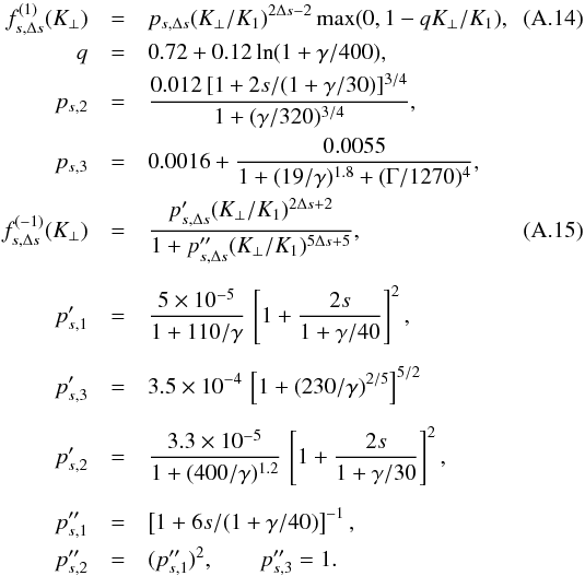 \appendix \setcounter{section}{1} \begin{eqnarray} f^{(1)}_{s,\Delta s}(\Kp) &=& p_{s,\Delta s} (\Kp/K_1)^{2\Delta s -2} \max(0,1-q\Kp/K_1), \\ q&=&0.72+0.12\ln(1+\gamma/400), \nonumber\\ p_{s,2} &=& \frac{0.012\,[ 1+2s/(1+\gamma/30) ]^{3/4}}{ 1 + (\gamma/320)^{3/4}}, \nonumber\\ p_{s,3} &=& 0.0016 + \frac{0.0055}{1 + (19/\gamma)^{1.8} + (\Gamma/1270)^4}, \nonumber\\ f^{(-1)}_{s,\Delta s}(\Kp) &=& \frac{p'_{s,\Delta s} (\Kp/K_1)^{2\Delta s+2} }{ 1+p''_{s,\Delta s} (\Kp/K_1)^{5\Delta s+5}}, \\[2mm] p'_{s,1} &=& \frac{5\times10^{-5}}{1+110/\gamma}\, \left[1+\frac{2s}{1+\gamma/40}\right]^2, \nonumber\\[2mm] p'_{s,3} &=& 3.5\times10^{-4} \,\left[ 1+(230/\gamma)^{2/5} \right]^{5/2} \nonumber\\[2mm] p'_{s,2} &=& \frac{3.3\times10^{-5}}{1+(400/\gamma)^{1.2}}\, \left[1+\frac{2s}{1+\gamma/30}\right]^2, \nonumber\\[2mm] p''_{s,1} &=& \left[1+6s/(1+\gamma/40)\right]^{-1}, \nonumber\\ p''_{s,2} &=& (p''_{s,1})^2, \qquad p''_{s,3} = 1. \nonumber \end{eqnarray}