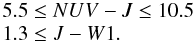 \begin{equation} \label{ec_rectangulo} \begin{array}{l} 5.5 \leq NUV-J \leq 10.5 \\ 1.3 \leq J-W1. \end{array} \end{equation}