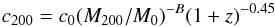 \begin{equation} \label{eq:scale2} c_{200} = c_0(M_{200}/M_0)^{-B} (1+z)^{-0.45} \end{equation}