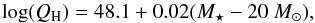 Mathematical equation: \begin{equation} \log(Q_{\rm H}) = 48.1 + 0.02(M_{\star} - 20~M_{\odot}), \end{equation}
