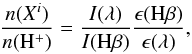 \begin{equation} \frac{n({X}^i)}{n(\mathrm{H}^+)} = \frac{I(\lambda)}{I(\rm{H}\beta)} \frac{\epsilon(\rm{H}\beta)}{\epsilon(\lambda)}, \label{eq:ion_abun} \end{equation}