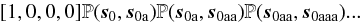 \begin{equation} [1,0,0,0]{\mathbb{P}}(\vec{s}_{\rm{0}}, \vec{s}_{\rm{0a}}){\mathbb{P}}(\vec{s}_{\rm{0a}}, \vec{s}_{\rm{0aa}}) {\mathbb{P}}(\vec{s}_{\rm{0aa}}, \vec{s}_{\rm{0aaa}})... \label{adjoint_eq} \end{equation}