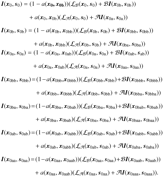 \appendix \setcounter{section}{1} \begin{eqnarray*} &&\vec{I}(\vec{x}_{\rm{0}},\vec{s}_{\rm{0}})= (1-a(\vec{x_{\rm{0}},x_{\rm{0b}}})) (\mathcal{L_B}(\vec{x}_{\rm{0}},\vec{s}_{\rm{0}})+ \mathcal{B}\vec{I}(\vec{x}_{\rm{0b}},\vec{s}_{\rm{0b}})) \nonumber \\[2.5mm] &&\phantom{\vec{I}(\vec{x}_{\rm{0}},\vec{s}_{\rm{0}}) = } +a(\vec{x}_{\rm{0}},\vec{x}_{\rm{0b}}) (\mathcal{L_A}(\vec{x}_{\rm{0}},\vec{s}_{\rm{0}})+ \mathcal{A} \vec{I}(\vec{x}_{\rm{0a}},\vec{s}_{\rm{0a}})) \nonumber \\[2.5mm] &&\vec{I}(\vec{x}_{\rm{0b}},\vec{s}_{\rm{0b}})= (1-a(\vec{x}_{\rm{0b}},\vec{x}_{\rm{0bb}})) (\mathcal{L_B}(\vec{x}_{\rm{0b}},\vec{s}_{\rm{0b}})+ \mathcal{B}\vec{I}(\vec{x}_{\rm{0bb}},\vec{s}_{\rm{0bb}})) \nonumber \\[2.5mm] &&\phantom{\vec{I}(\vec{x}_{\rm{0b}},\vec{s}_{\rm{0b}}) = }+a(\vec{x}_{\rm{0b}},\vec{x}_{\rm{0bb}}) (\mathcal{L_A}(\vec{x}_{\rm{0b}},\vec{s}_{\rm{0b}})+ \mathcal{A} \vec{I}(\vec{x}_{\rm{0ba}},\vec{s}_{\rm{0ba}})) \nonumber \\ &&\vec{I}(\vec{x}_{\rm{0a}},\vec{s}_{\rm{0a}})= (1-a(\vec{x}_{\rm{0a}},\vec{x}_{\rm{0ab}})) (\mathcal{L_B}(\vec{x}_{\rm{0a}},\vec{s}_{\rm{0a}})+ \mathcal{B}\vec{I}(\vec{x}_{\rm{0ab}},\vec{s}_{\rm{ab}})) \nonumber \\[2.5mm] &&\phantom{\vec{I}(\vec{x}_{\rm{0a}},\vec{s}_{\rm{0a}}) = } +a(\vec{x}_{\rm{0a}},\vec{x}_{\rm{0ab}}) (\mathcal{L_A}(\vec{x}_{\rm{0a}},\vec{s}_{\rm{0a}})+ \mathcal{A} \vec{I}(\vec{x}_{\rm{0aa}},\vec{s}_{\rm{0aa}})) \nonumber \\[2.5mm] &&\vec{I}(\vec{x}_{\rm{0bb}},\vec{s}_{\rm{0bb}})\! = \! (1\! -\! a(\vec{x}_{\rm{0bb}},\! \vec{x}_{\rm{0bbb}})) (\mathcal{L_B}(\vec{x}_{\rm{0bb}},\! \vec{s}_{\rm{0bb}})\! +\! \mathcal{B}\vec{I}(\vec{x}_{\rm{0bbb}},\vec{s}_{\rm{0bbb}})) \nonumber \\[2.5mm] &&\phantom{\vec{I}(\vec{x}_{\rm{0bb}},\vec{s}_{\rm{0bb}})\! =\! } +a(\vec{x}_{\rm{0bb}},\vec{x}_{\rm{0bbb}}) (\mathcal{L_A}(\vec{x}_{\rm{0bb}},\vec{s}_{\rm{0bb}})+ \mathcal{A} \vec{I}(\vec{x}_{\rm{0bba}},\vec{s}_{\rm{0bba}})) \nonumber \\[2.5mm] &&\vec{I}(\vec{x}_{\rm{0ba}},\vec{s}_{\rm{0ba}})\! =\! (1\! -\! a(\vec{x}_{\rm{0ba}},\vec{x}_{\rm{0bab}})) (\mathcal{L_B}(\vec{x}_{\rm{0ba}},\vec{s}_{\rm{0ba}})\! + \! \mathcal{B}\vec{I}(\vec{x}_{\rm{0bab}},\vec{s}_{\rm{0bab}})) \nonumber \\[2.5mm] &&\phantom{\vec{I}(\vec{x}_{\rm{0ba}},\vec{s}_{\rm{0ba}})\! =\! } +a(\vec{x}_{\rm{0ba}},\vec{x}_{\rm{0bab}}) (\mathcal{L_A}(\vec{x}_{\rm{0ba}},\vec{s}_{\rm{0ba}})+ \mathcal{A} \vec{I}(\vec{x}_{\rm{0baa}},\vec{s}_{\rm{0baa}})) \nonumber \\[2.5mm] &&\vec{I}(\vec{x}_{\rm{0ab}},\vec{s}_{\rm{0ab}})\! =\! (1\! -\! a(\vec{x}_{\rm{0ab}},\vec{x}_{\rm{0abb}})) (\mathcal{L_B}(\vec{x}_{\rm{0ab}},\vec{s}_{\rm{0ab}})\! +\! \mathcal{B}\vec{I}(\vec{x}_{\rm{0abb}},\vec{s}_{\rm{0abb}})) \nonumber \\[2.5mm] &&\phantom{\vec{I}(\vec{x}_{\rm{0ab}},\vec{s}_{\rm{0ab}})\! =\! } +a(\vec{x}_{\rm{0ab}},\vec{x}_{\rm{0abb}}) (\mathcal{L_A}(\vec{x}_{\rm{0ab}},\vec{s}_{\rm{0ab}})+ \mathcal{A} \vec{I}(\vec{x}_{\rm{0aba}},\vec{s}_{\rm{0aba}})) \nonumber \\[2.5mm] &&\vec{I}(\vec{x}_{\rm{0aa}},\vec{s}_{\rm{0aa}})\! = \! (1\! -\! a(\vec{x}_{\rm{0aa}},\vec{x}_{\rm{0aab}})) (\mathcal{L_B}(\vec{x}_{\rm{0aa}},\vec{s}_{\rm{0aa}})\! + \! \mathcal{B}\vec{I}(\vec{x}_{\rm{0aab}},\vec{s}_{\rm{0aab}})) \nonumber \\[2.5mm] &&\phantom{\vec{I}(\vec{x}_{\rm{0aa}},\vec{s}_{\rm{0aa}})\! = \!} +a(\vec{x}_{\rm{0aa}},\vec{x}_{\rm{0aab}}) (\mathcal{L_A}(\vec{x}_{\rm{0aa}},\vec{s}_{\rm{0aa}})+ \mathcal{A} \vec{I}(\vec{x}_{\rm{0aaa}},\vec{s}_{\rm{0aaa}})). \nonumber \end{eqnarray*}