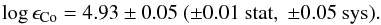 \begin{eqnarray*} \log \epsilon_\mathrm{Co}=4.93\pm0.05\ (\pm0.01\ \mathrm{stat},\ \pm0.05\ \mathrm{sys}). \end{eqnarray*}
